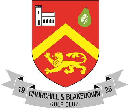 A red logo in the shape of a shield with a yellow lion and thick gold arrow pointing upwards with an illustration of a church on the left and a pear on the right with the text 'Churchill & Blakedown Gold Club 1926' on a ribbon underneath