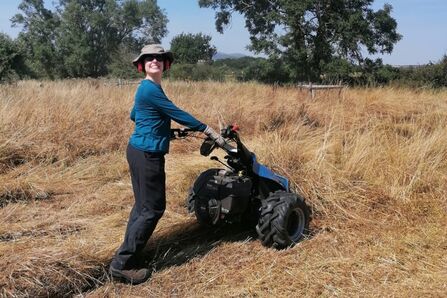A photo of a trainee wearing a blue top and black trousers pushing a push along mower through a meadow on a sunny day