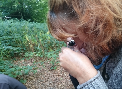 Woman looking through a hand lens by Wendy Carter