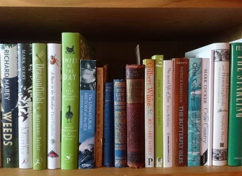 Bookshelf with a selection of nature-themed books (by Wendy Carter)