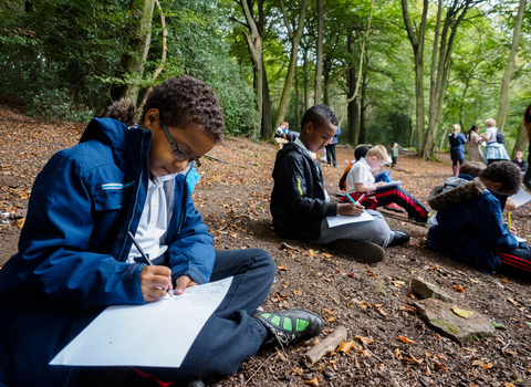 Children sitting in a woodland by David Shapiro Photography