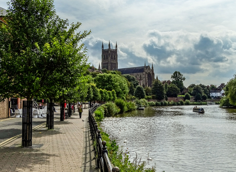 Worcester showing path along the River Severn and the cathedral in the distance by Paul Lane