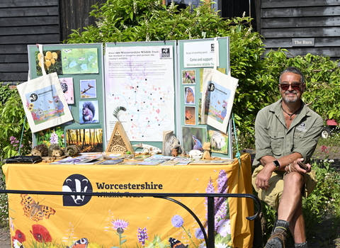 Man sitting next to a Worcestershire Wildlife Trust branded stall in the sunshine (by Brian Taylor)