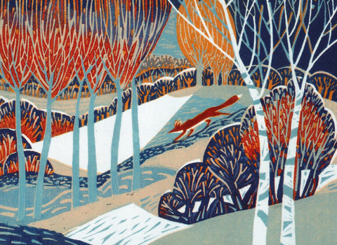 Christmas card with illustration of fox running through winter woodland