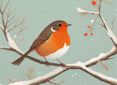 illustrated robin sitting on a snowy branch - front cover of a Christmas card